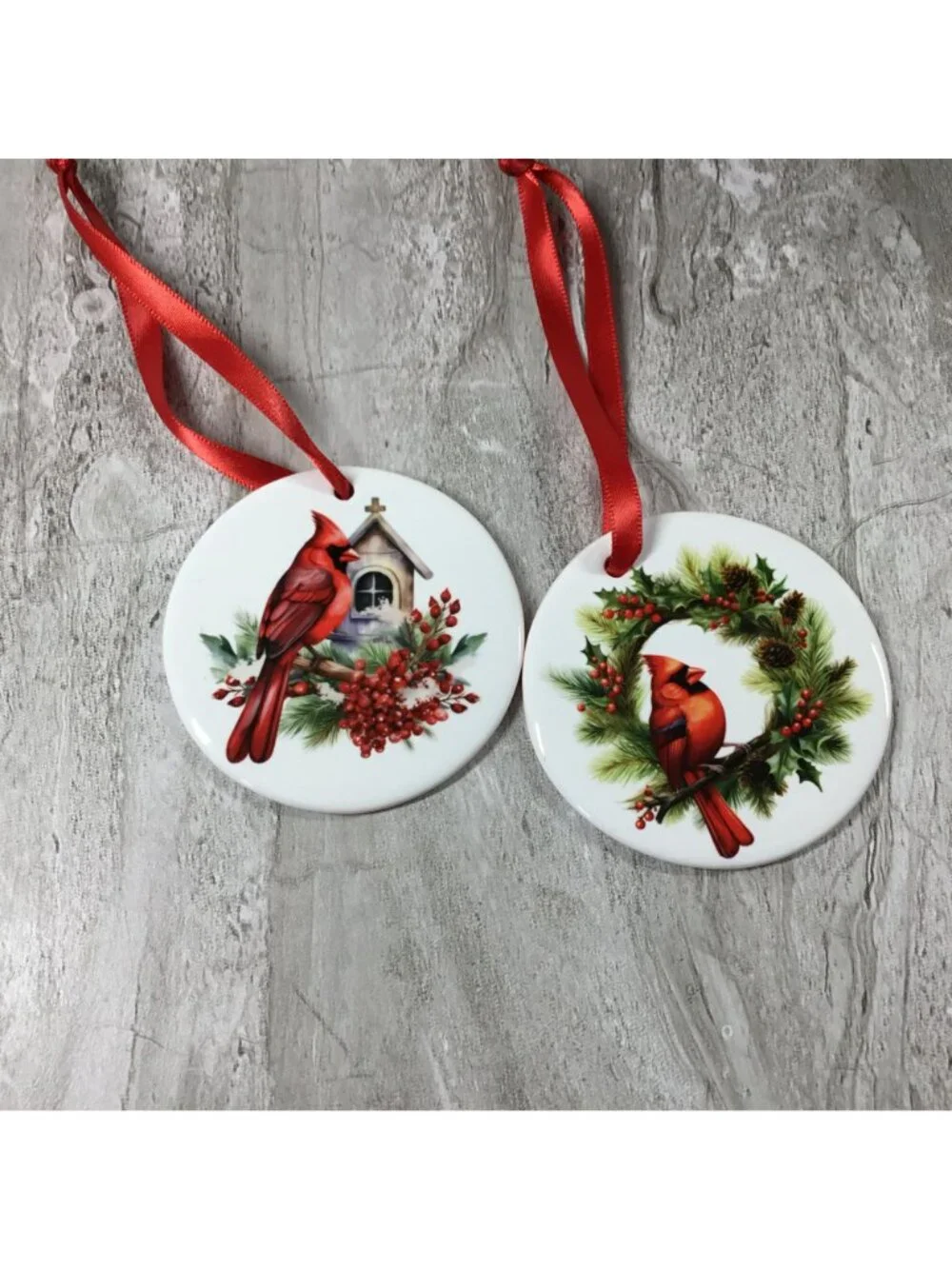 Set Of 2 Cardinal Christmas Ceramic Ornaments With Red Ribbon For Hanging